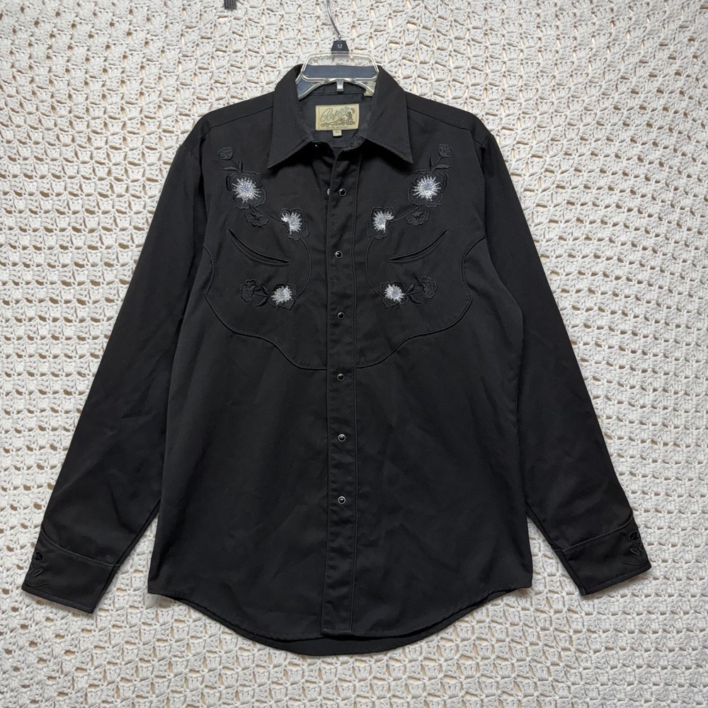 Vintage Roper Western Shirts Mens M Black Floral Embroidered Pearl Snap Rodeo